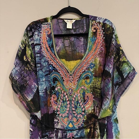 LUCKY & COCO Swimsuit Coverup Women Size Medium Tunic Beaded Boho Poncho Maxi - Picture 2 of 9